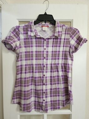 Unionbay Y2K Purple Plaid Cotton Pintuck Button Front Blouse Women's Large